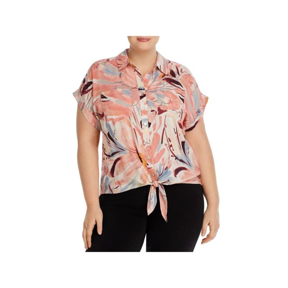 CUPIO BLUSH Womens Pink Rolled Cuffs Curved Tie Hem Button Up Top Plus 2X